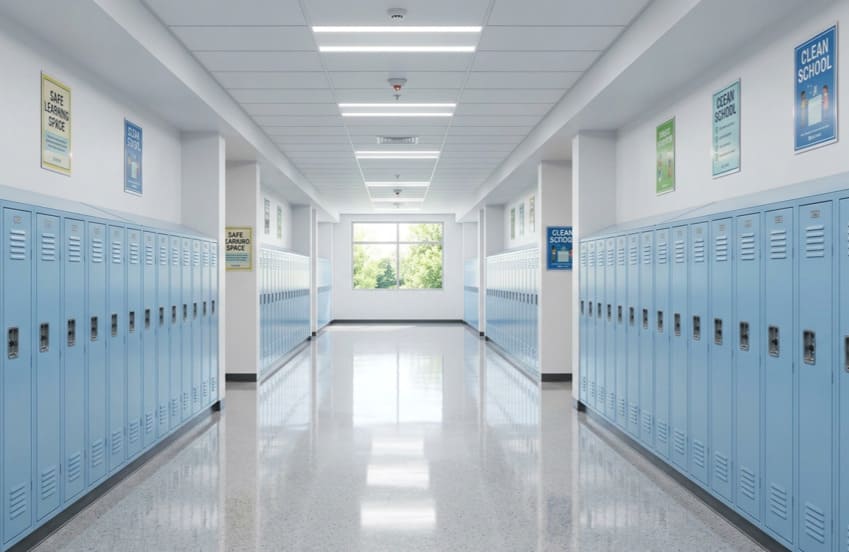 Clean school hallway with lockers